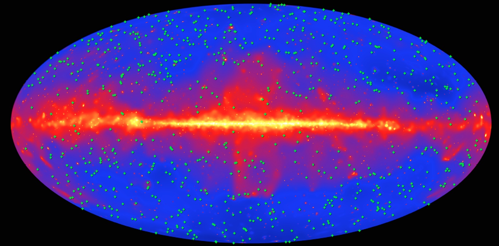Karta celotnega neba prikazuje položaje 739 blazarjev (zeleni križci), ki so jih v raziskavi Fermi LAT uporabili za merjenje zunajgalaktične svetlobe ozadja. Ozadje (modra) prikazuje nebo, kot ga je v 9 letih opazovanj videl Fermi LAT v visoko-energijski gama svetlobi. Ravnina naše Galaksije poteka vodoravno po sredini slike. Vir: NASA/DOE/Fermi LAT Collaboration.