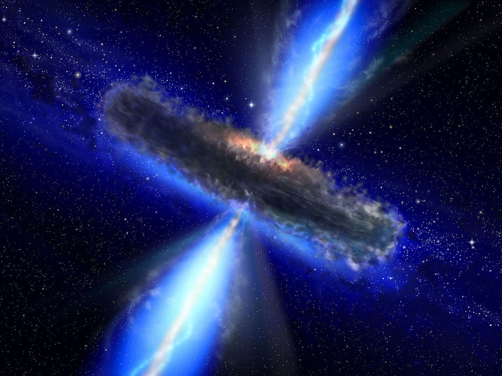 Prašnato in vroče dogajanje okoli supermasivne črne luknje (podoba je računalniška vizualizacija). Temni del je prašnati disk, ki se segreva in sveti, kar se lahko imenuje kvazar. Če je en od obeh ozkih žarkov usmerjen proti Zemlji, gre za blazar. V žarku je veliko visokoenergijskih kozmičnih delcev (atomskih jeder, protonov ...). Foto: ESA/NASA, the AVO project and Paolo Padovani
