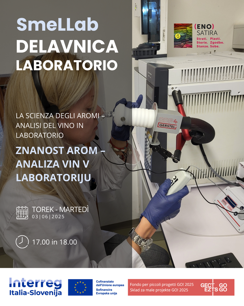 Na vabilu so izpisani osnovni podatki o dogodku (čas, kraj dogajanja) ter na fotografiji je raziskovalka, ki uporavlja z najnovejšo opremo v lboratoriji olfaktometrom za določanje arome posameznih frakcij v vinu.